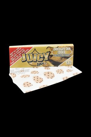 A close-up shot of the Juicy Jay's 1 1/4 Chocolate Chip Rolling Papers package, displaying a colorful, patterned design.