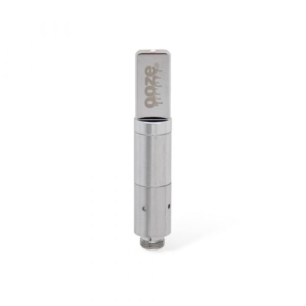 Silver cannabis oil vape cartridge with “OOZE” branding.