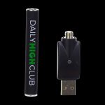 Cannabis vape pen and USB charger on a black background.