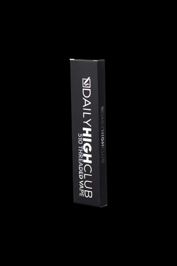 Black packaging for “Daily High Club” 510 thread vape cartridges against a black background.
