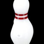 White glass cannabis water pipe shaped like a bowling pin with red stripes.
