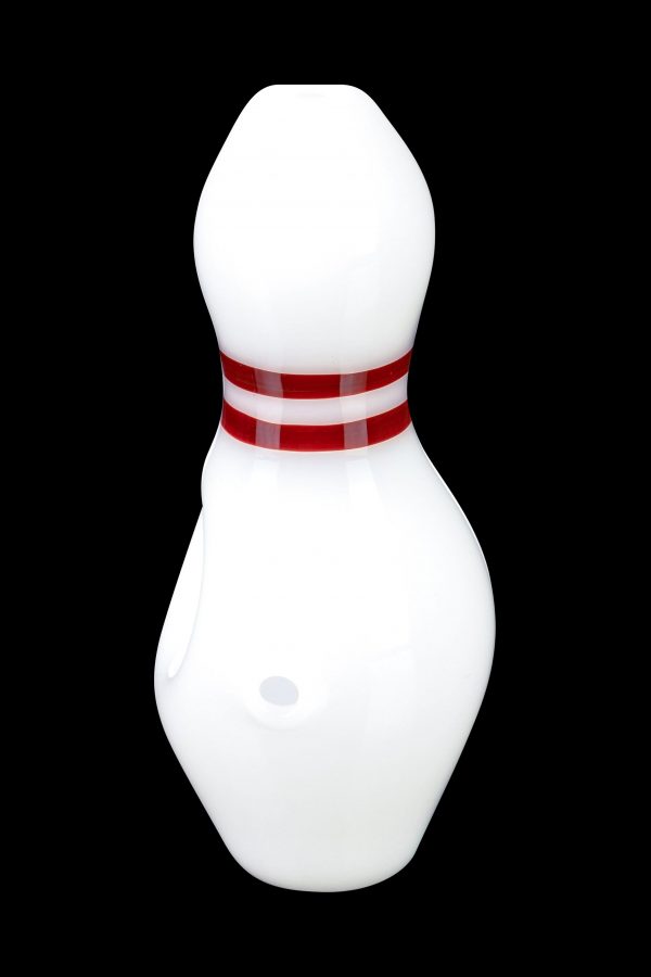 White glass cannabis water pipe shaped like a bowling pin with red stripes.