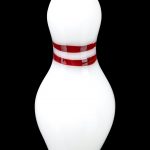 White cannabis pipe shaped like a bowling pin with red stripes.