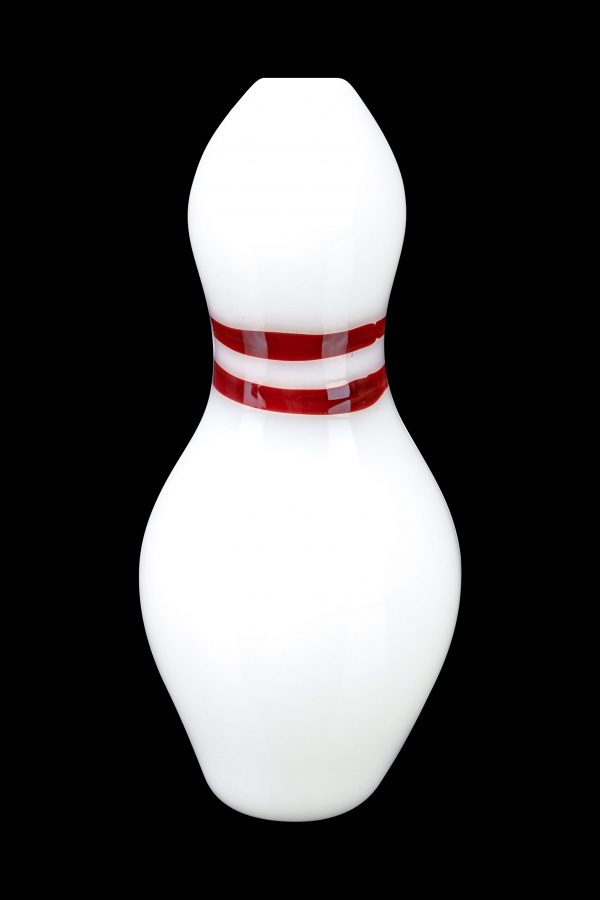 White cannabis pipe shaped like a bowling pin with red stripes.