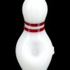 White glass cannabis water pipe shaped like a bowling pin with red stripes.