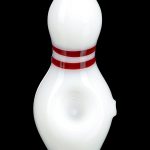 White glass cannabis water pipe shaped like a bowling pin with red stripes.