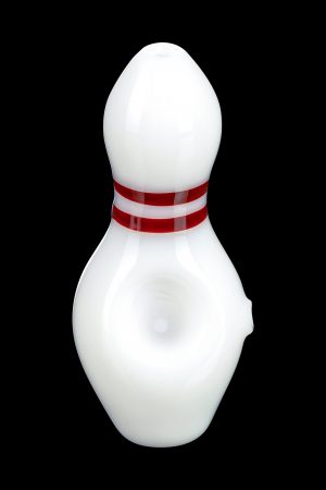 White glass cannabis water pipe shaped like a bowling pin with red stripes.