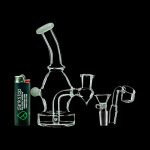 A studio shot of the DankStop Curved Body Dab Rig With Colored Accents, showing its sleek, curved form and colorful glass accents.