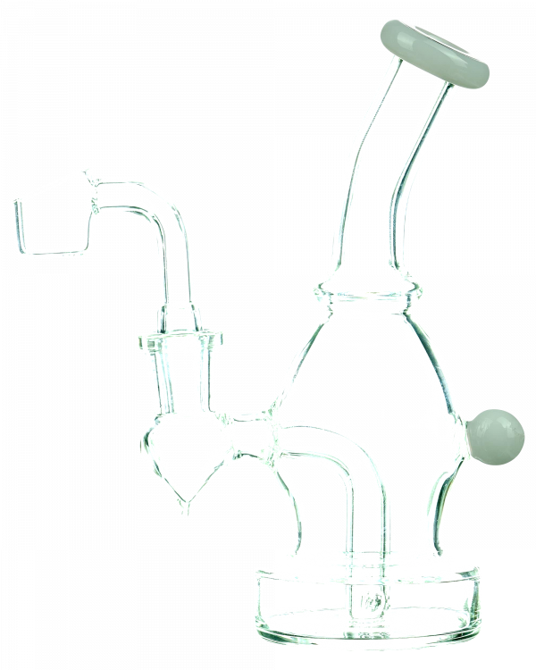 A front view of the DankStop Curved Body Dab Rig With Colored Accents, showcasing its glass construction and curved form.