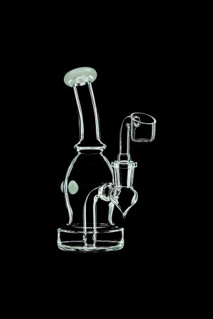 A three-quarter view of the DankStop Curved Body Dab Rig With Colored Accents, showcasing its clear glass construction and curved design.