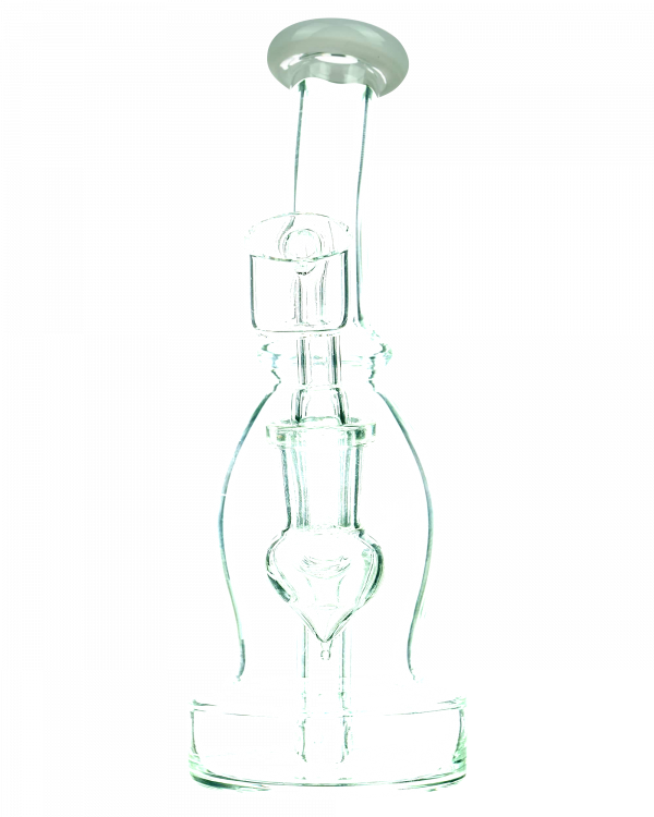 A front view of the DankStop Curved Body Dab Rig With Colored Accents, showing its sleek glass form and curved body.