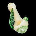 A three-quarter view of the Leafy Green Mushroom Milli Spoon Pipe, showcasing its green, mushroom-shaped bowl and curved design.