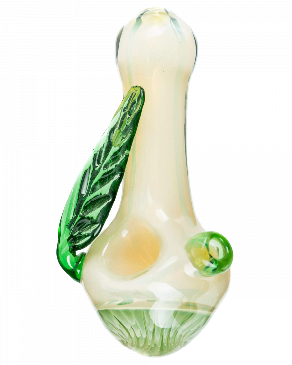 Front view of the Leafy Green Mushroom Milli Spoon Pipe, showing the green glass curved shape and smooth finish.