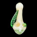 A side view of the Leafy Green Mushroom Milli Spoon Pipe, showcasing its curved shape and green-tinted glass.