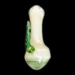 A close-up, angled view of the Leafy Green Mushroom Milli Spoon Pipe, showcasing its smooth, green glass construction.
