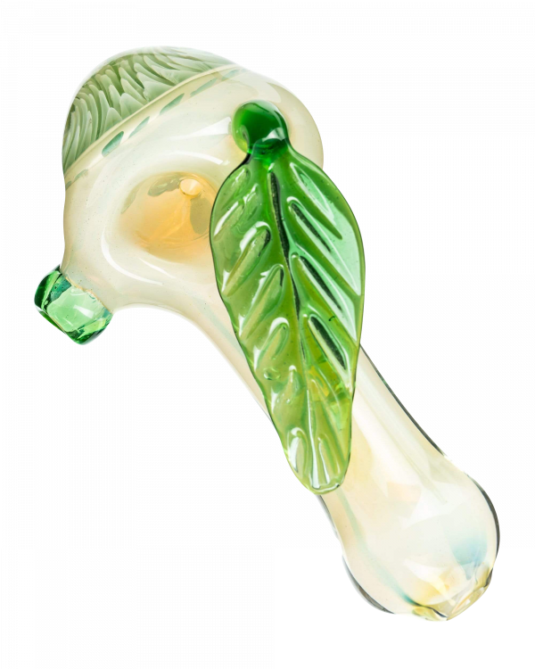 A side view of the Leafy Green Mushroom Milli Spoon Pipe, showing the green-tinted glass and curved design.