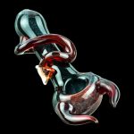 A close-up, angled view of the Little Devil Hand Pipe, showcasing its glossy, dark red finish and curved design.