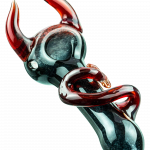 A close-up view of the Little Devil Hand Pipe, showcasing its dark glass and curved design against a plain white background.
