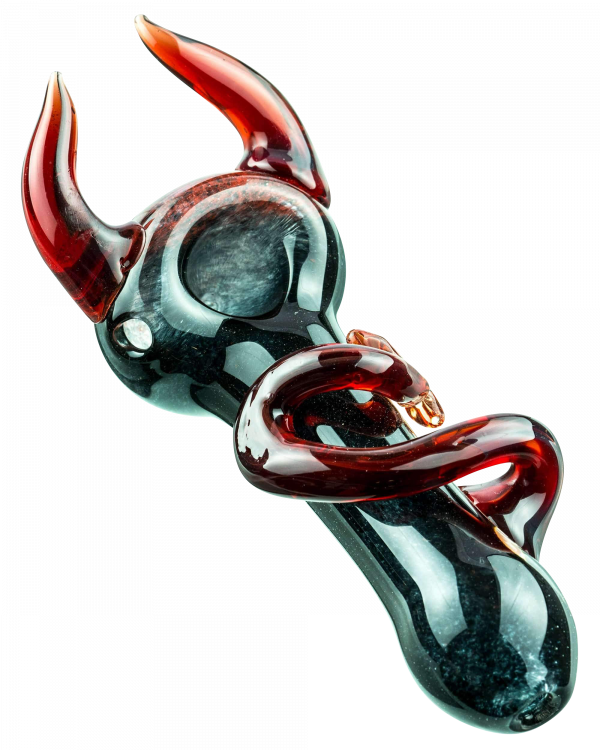 A close-up view of the Little Devil Hand Pipe, showcasing its dark glass and curved design against a plain white background.