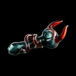 A detailed side view of the Little Devil Hand Pipe, featuring a vibrant red and dark glass design.