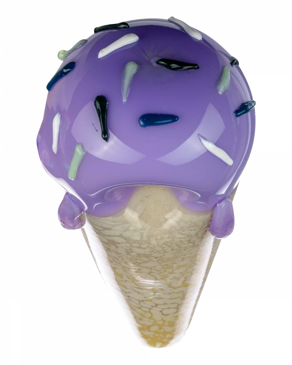 A front view of the Single Scoop Ice Cream Spoon Pipe, resembling a purple and white ice cream cone with visible detailing.