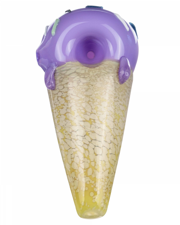 A studio shot of the Single Scoop Ice Cream Spoon Pipe, showing its pale blue and textured glass design.