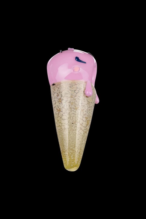 A detailed side view of the Single Scoop Ice Cream Spoon Pipe, showcasing its sculpted glass and unique spoon shape.