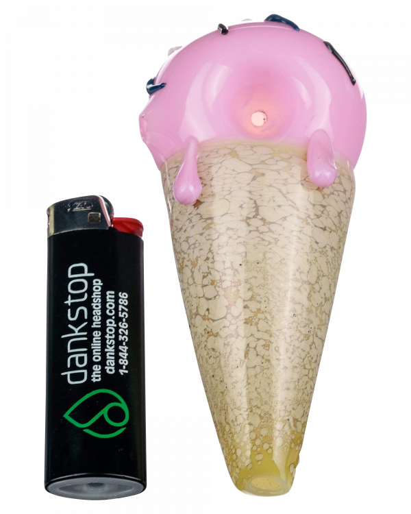 The Single Scoop Ice Cream Spoon Pipe is shown in a close-up, angled view highlighting its colorful, sculpted design.
