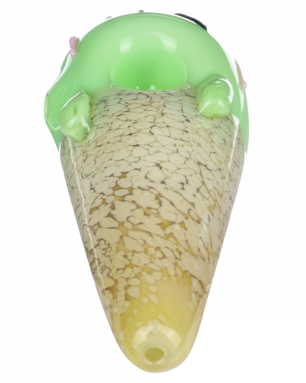 A side view of the Single Scoop Ice Cream Spoon Pipe, showcasing its sculpted, colorful glass design.