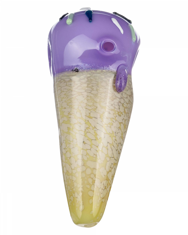 A studio shot of the Single Scoop Ice Cream Spoon Pipe, showcasing its spoon-shaped glass body with a gradient from amber to clear.