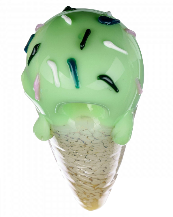 A close-up, angled view of the Single Scoop Ice Cream Spoon Pipe, featuring a smooth, sculpted design in shades of green.