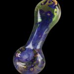 Hand-blown glass pipe with swirling blue, green, and gold patterns.