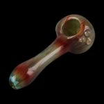 Hand pipe with red, green, and amber glass swirls.