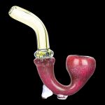 Hand-blown glass pipe with a red speckled bowl and yellow stem.