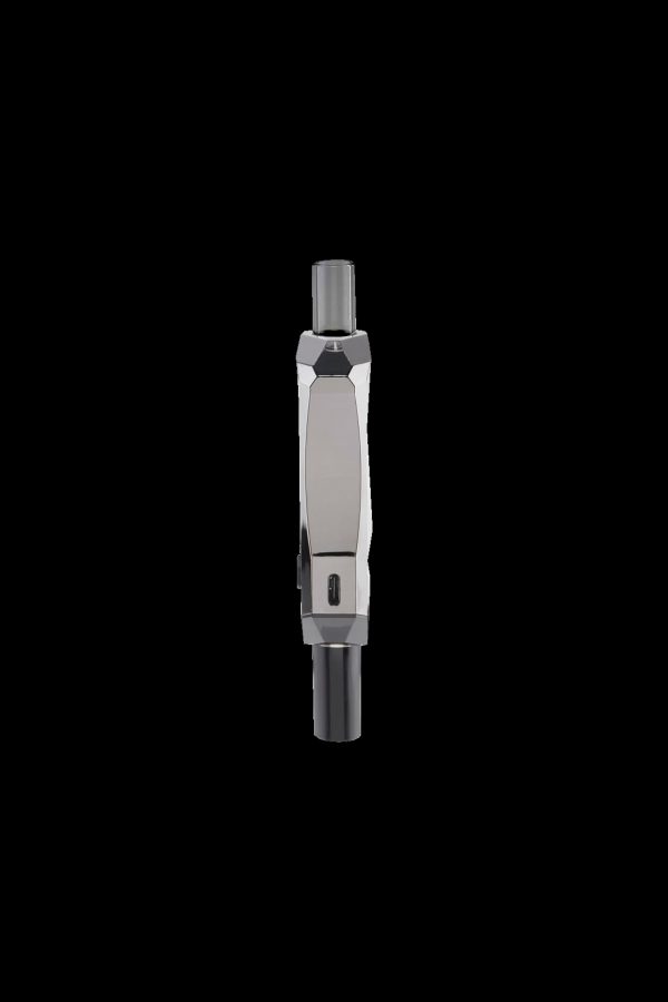Sleek silver cannabis vaporizer pen against a black background.
