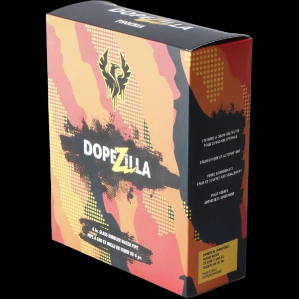 A colorful box for a “Dopezilla” 6-inch glass bubbler water pipe, featuring a phoenix design and French text.