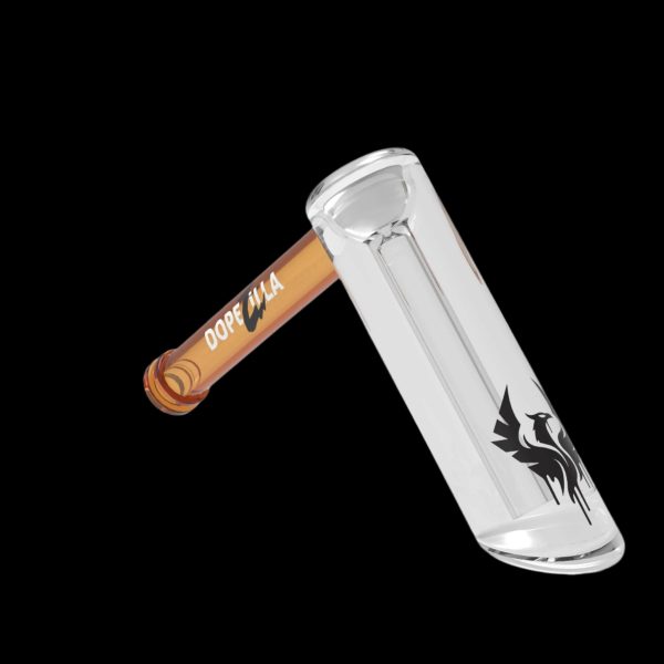 Glass bubbler pipe with orange mouthpiece and black phoenix graphic.