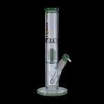 Green glass water pipe (bong) with ice catcher, isolated on a black background.