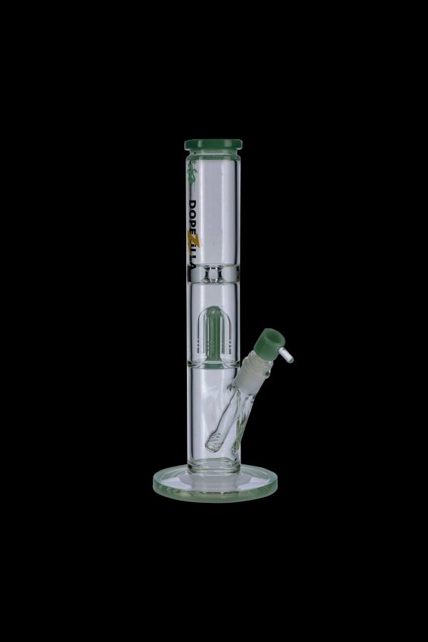 Green glass water pipe (bong) with ice catcher, isolated on a black background.