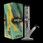 Front view of the Dopezilla Hydra Water Pipe with a colorful, patterned design and clear glass construction.
