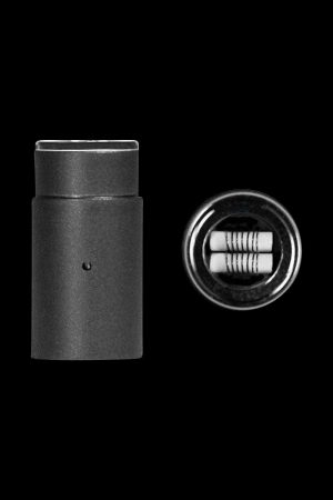 Close-up of the Aurora Dual Ceramic Atomizer, showcasing its ceramic coil detail against a dark background.