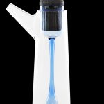 Glass cannabis water pipe with blue accents and a black mouthpiece.