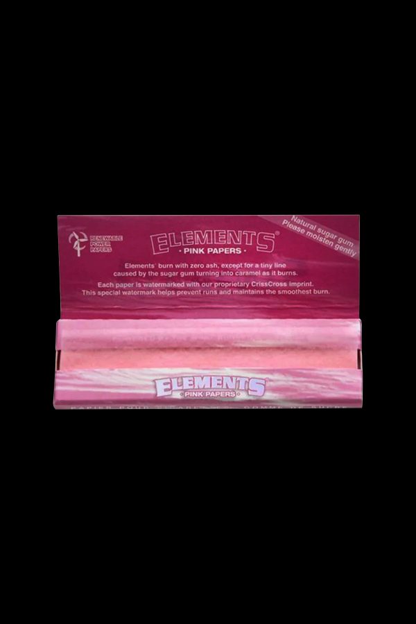 Pack of pink “Elements” rolling papers with text detailing burn quality and sugar gum.