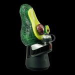 A close-up, angled view showcases the Empire Glassworks Avocadope Carb Cap for Puffco Peak, featuring a green and tan swirl pattern.