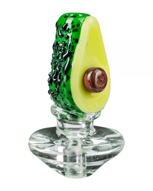 The Empire Glassworks Avocadope Carb Cap for Puffco Peak is displayed in a side view, showing a green and yellow glass cap.