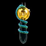 Front view of the Empire Glassworks Dragon Sphere Small Spoon Pipe with a detailed, colorful dragon head sculpted onto the bowl.