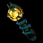 A detailed side view of the Empire Glassworks Dragon Sphere Small Spoon Pipe, showcasing its vibrant, swirling glass design.
