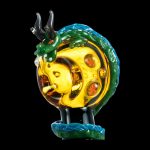 A detailed side view of the Empire Glassworks Dragon Sphere Small Spoon Pipe, showcasing colorful glasswork forming a dragon around a bowl.