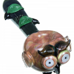 Front view of the Empire Glassworks "The Owl" Mini Glass Spoon Pipe, showcasing detailed sculpting and a dark, glossy finish.