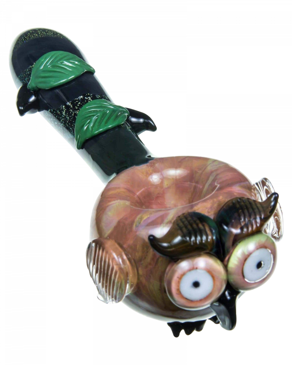 Front view of the Empire Glassworks "The Owl" Mini Glass Spoon Pipe, showcasing detailed sculpting and a dark, glossy finish.